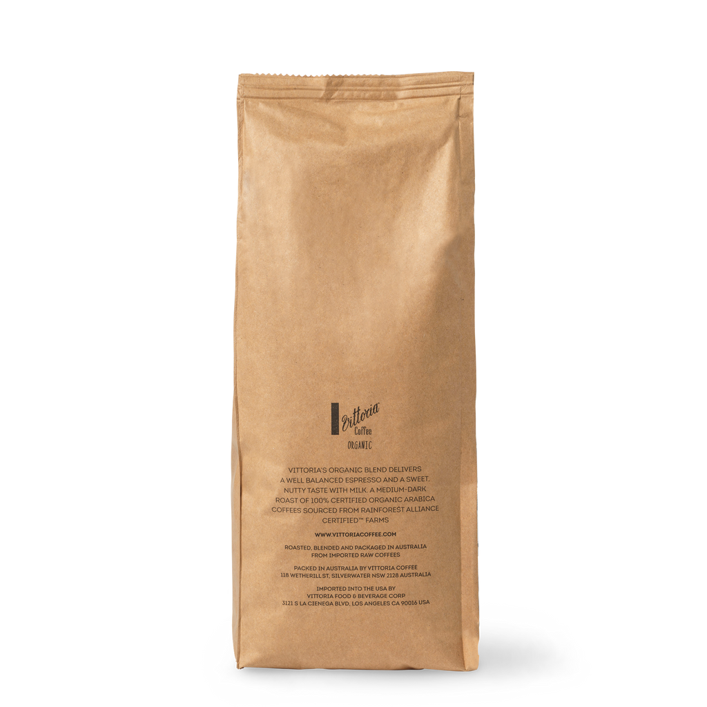 Back view of Vittoria Coffee 1kg Organic Special Bar Beans bag