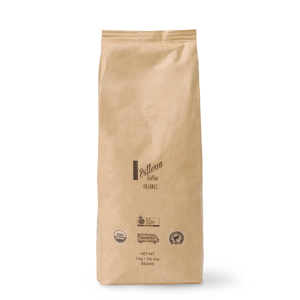 Front view of the Vittoria Coffee 1kg Organic beans