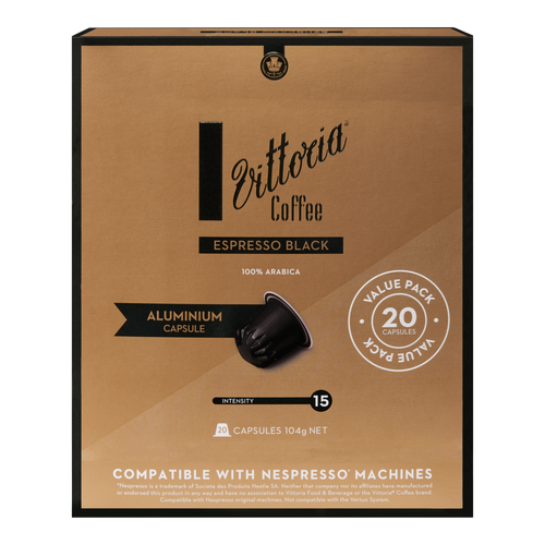 Espresso Black capsules in 20-pack packaging, front view with intense dark roast beans visible