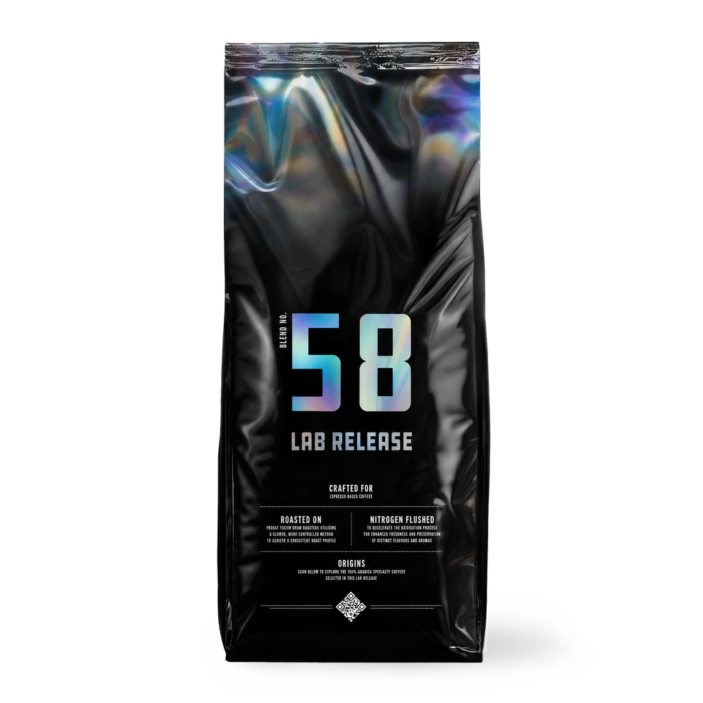 Specialty coffee beans in a bag, Lab Release Blend No. 58