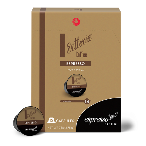 Espressotoria coffee machine with Vittoria capsules, front view, compact design