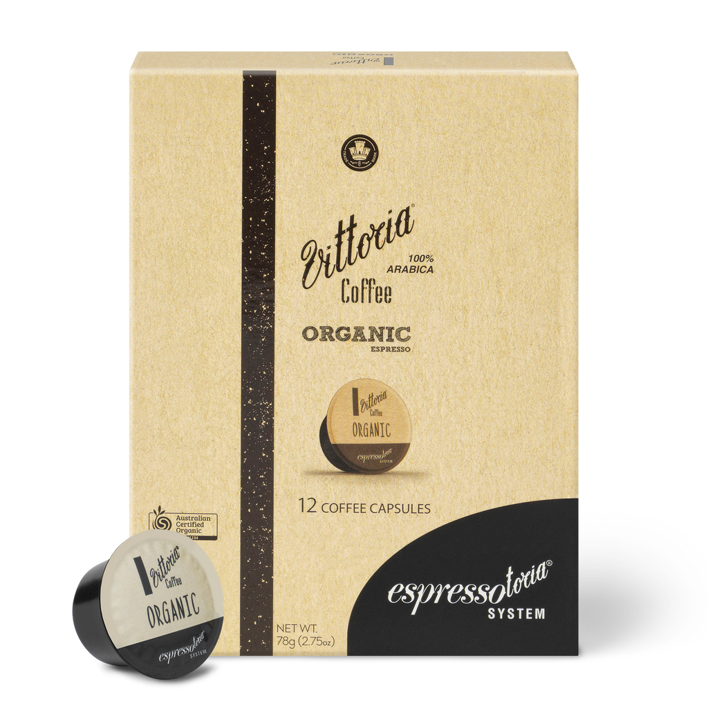 Front view of Vittoria's organic espresso coffee capsules