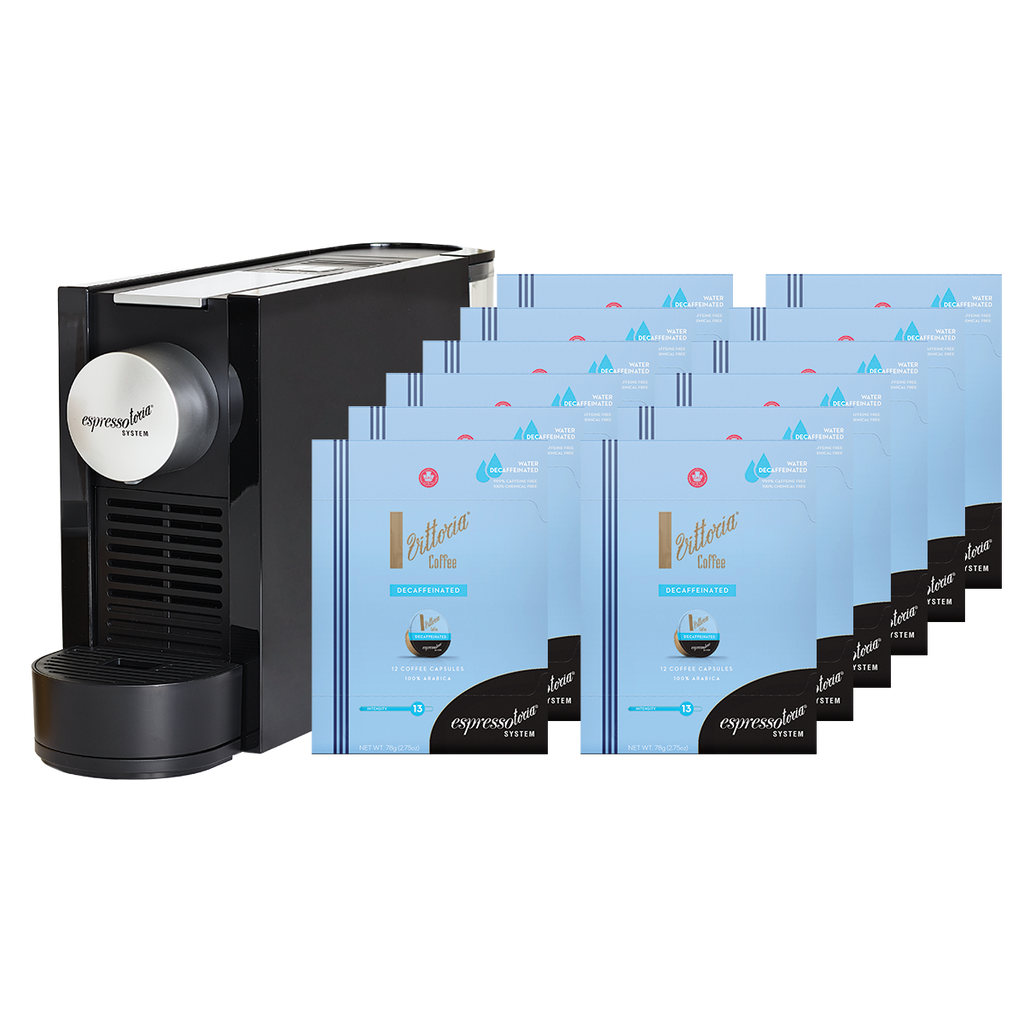 Espressotoria - Coffee Machine with 12 Packs of Vittoria Decaf Capsules Bundle