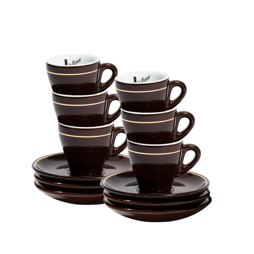 Brown Espresso cup and saucer with gold trim, side view