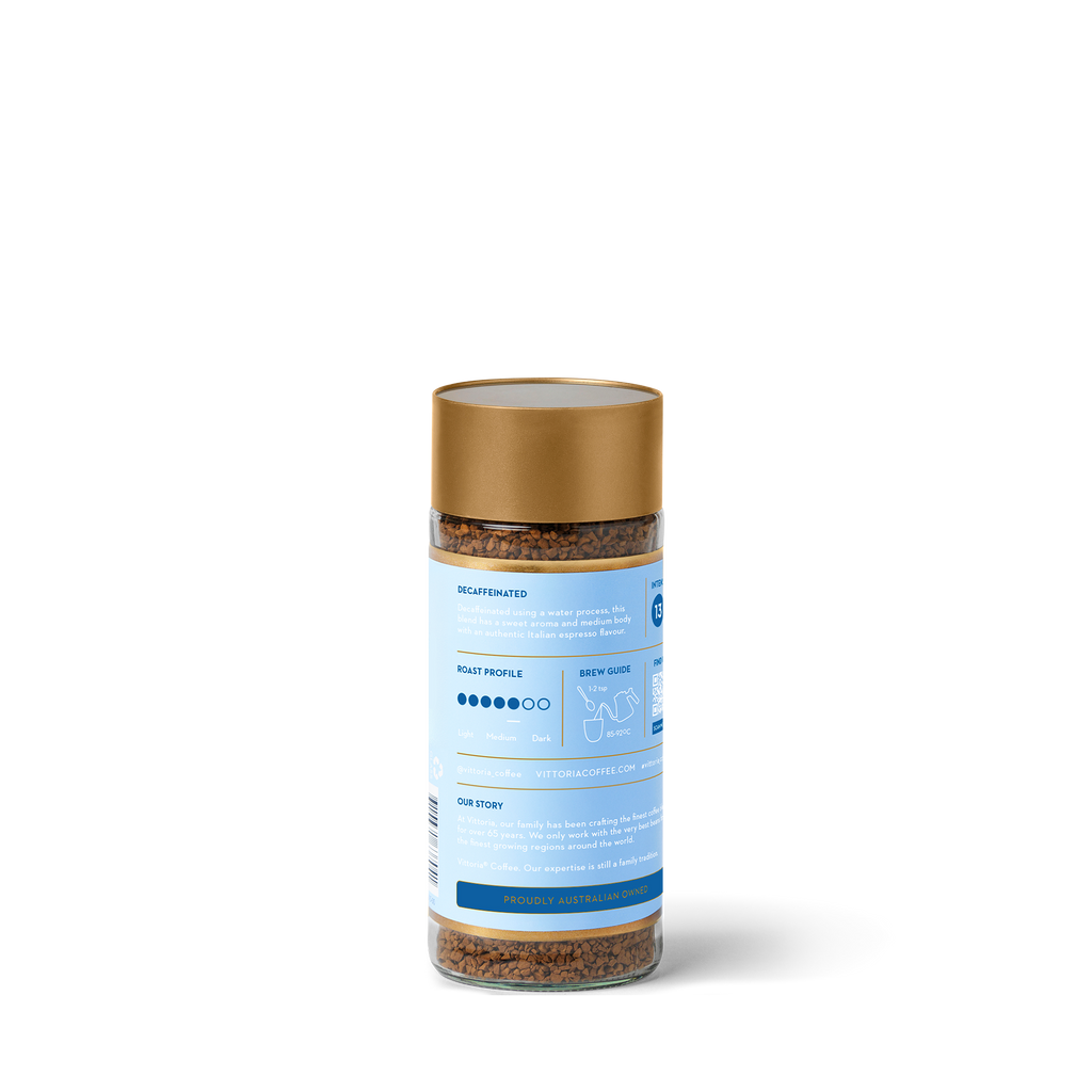 Decaffeinated instant coffee in 100g packaging, rear view with Vittoria branding