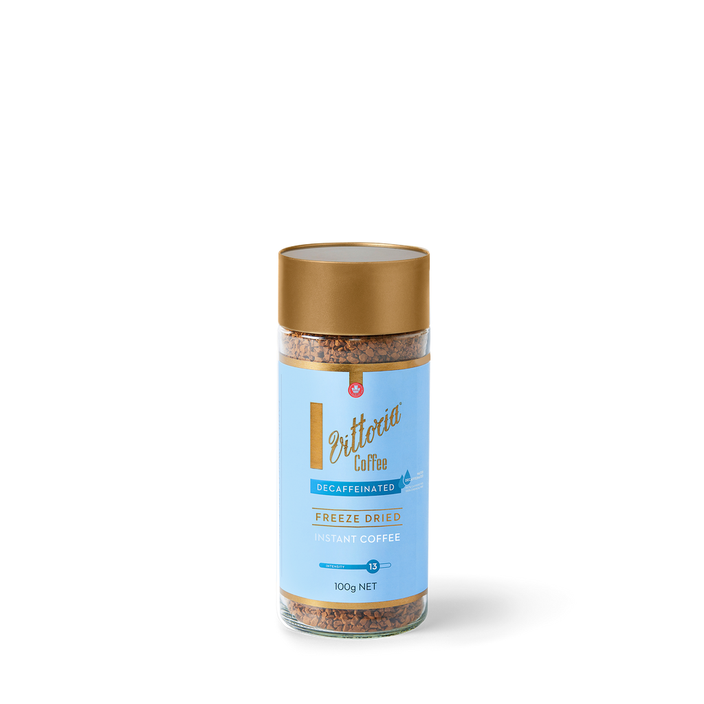 Decaffeinated instant coffee in 100g packaging, front view with Vittoria branding