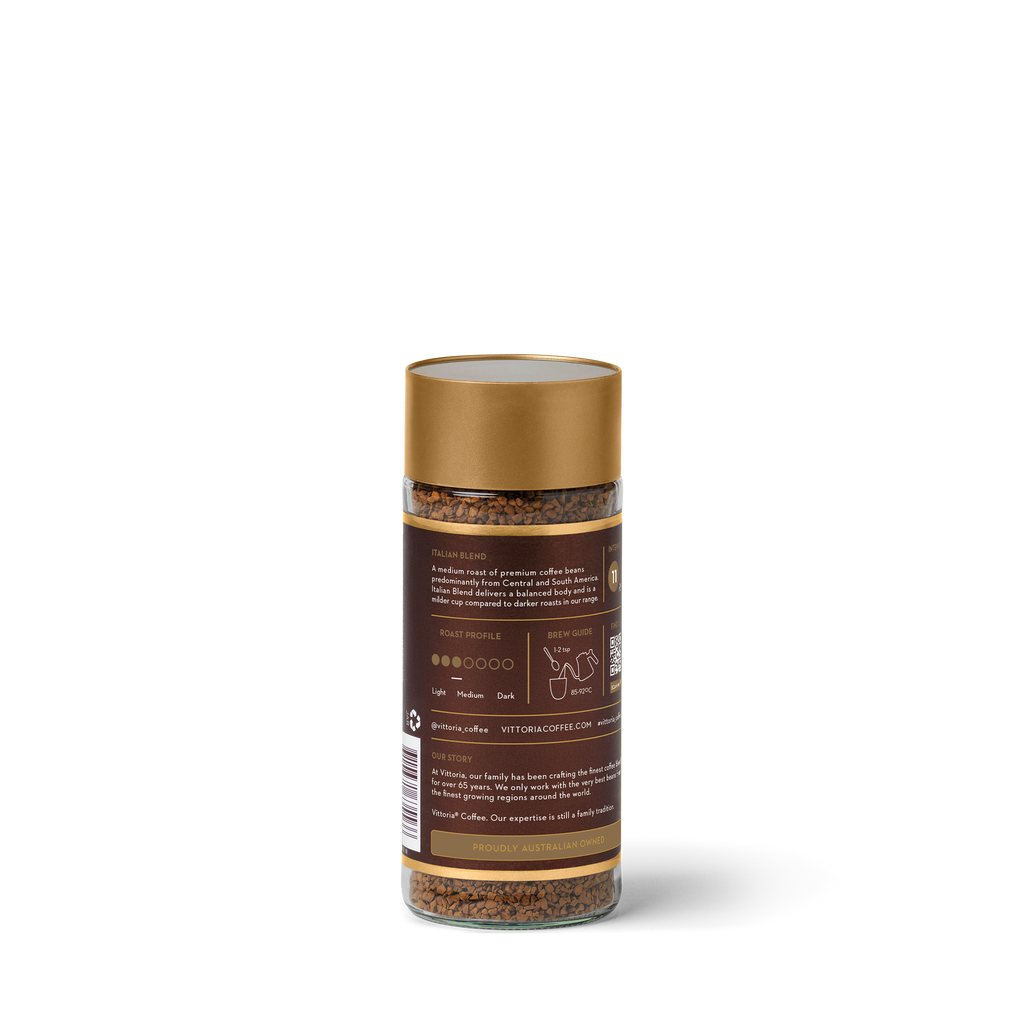 Italian Blend instant coffee in 100g packaging, rear view with label.