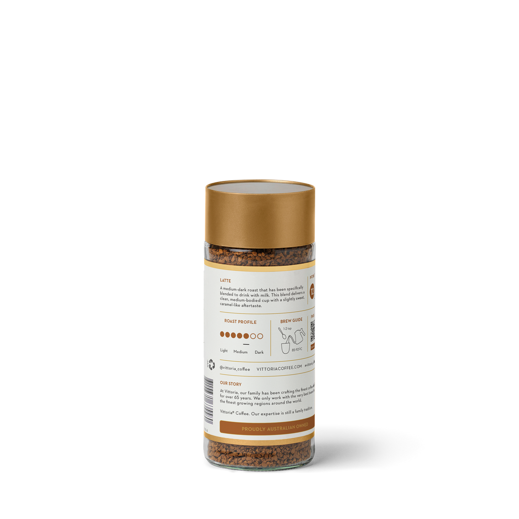 Latte instant coffee in a 100g container, rear view with label visible