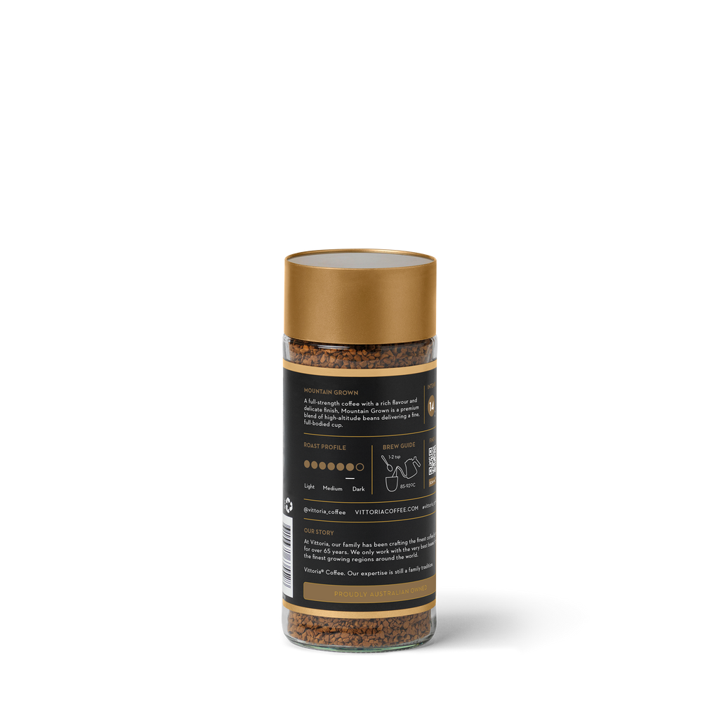 Mountain Grown instant coffee in 100g packaging, rear view with branding and product details visible