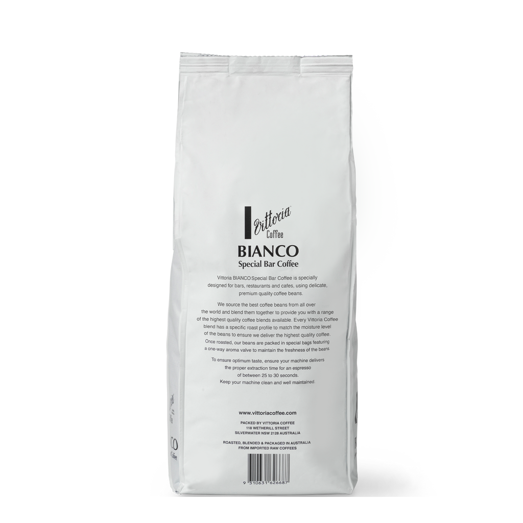Bianco Special Bar Coffee beans in a 1 kg black bag, label visible, rear shot
