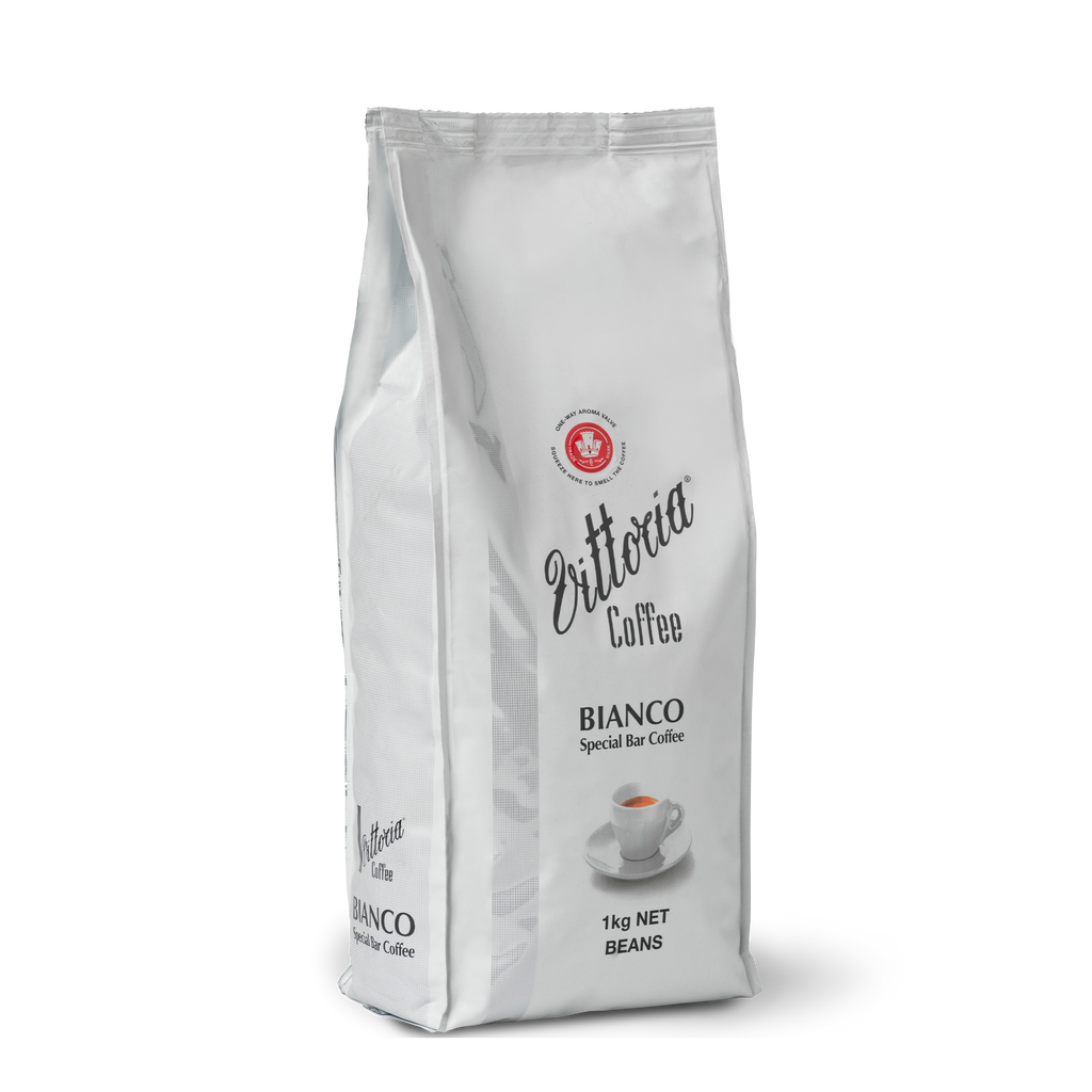 Bianco Special Bar Coffee beans in a 1kg sealed bag, side shot.