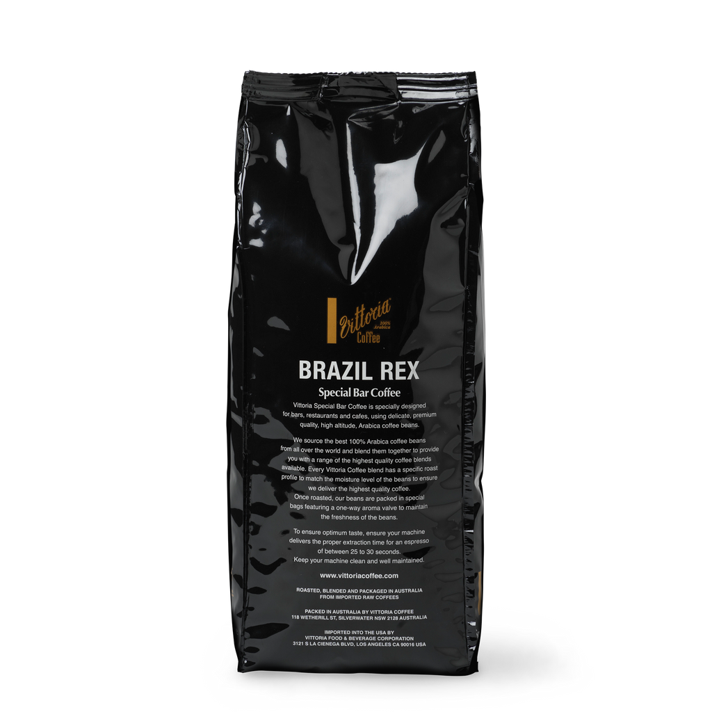 Rear view of a 1 kg Brazil Rex Special Bar coffee bean bag