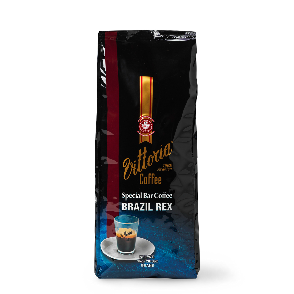 Front view of a 1 kg Brazil Rex Special Bar coffee bean bag, label showing brand and medium roast