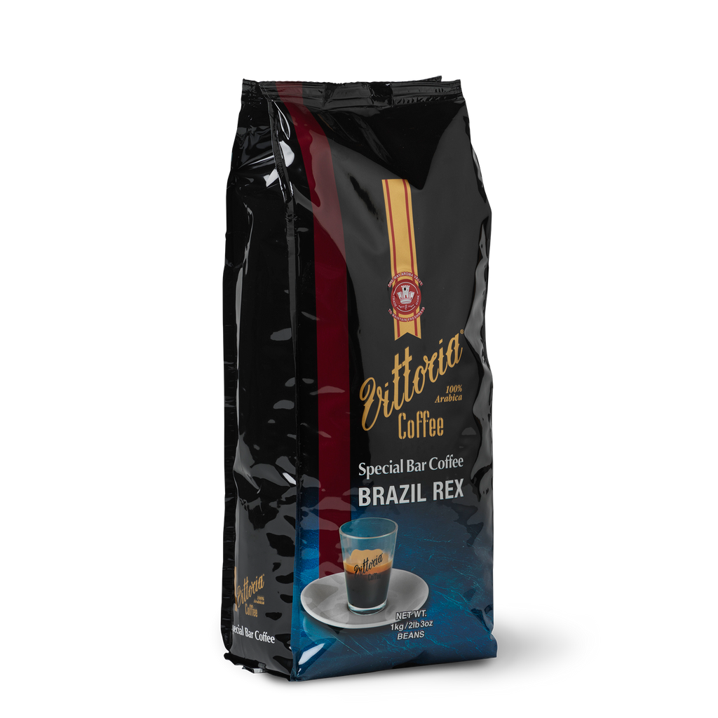 Brazil Rex Special Bar 1 kg coffee beans bag, front label shown, side shot.