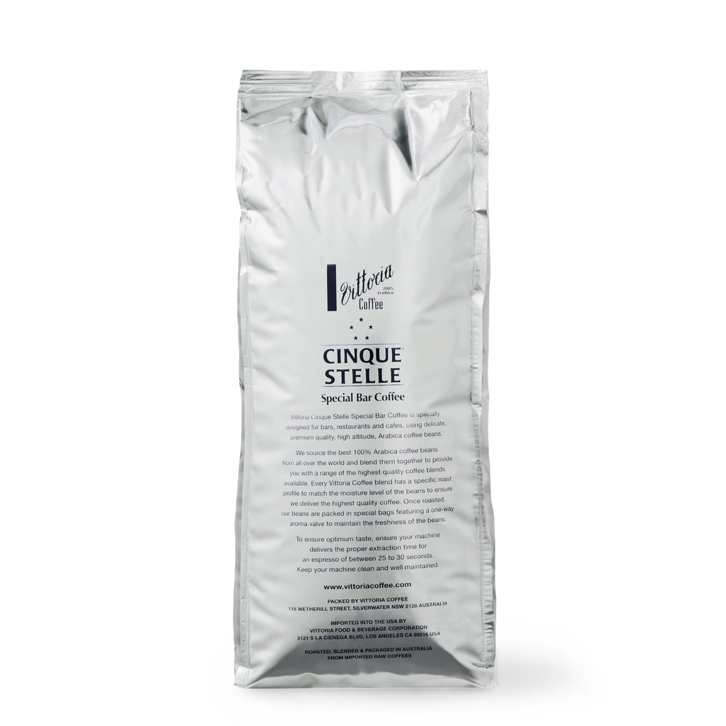 Cinque Stelle Special Bar coffee beans in a 1 kg bag, rear shot with roast description