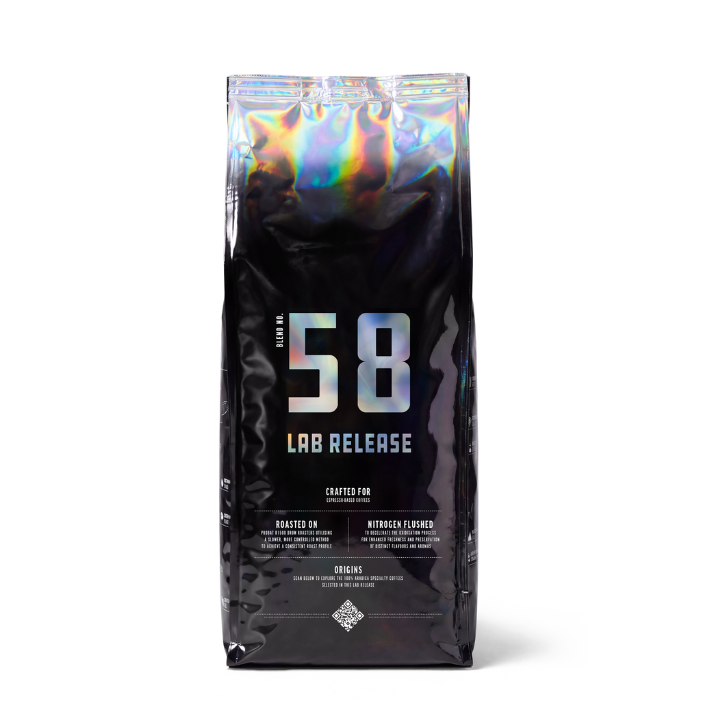 Lab Release Blend No. 58 specialty coffee beans in a 1 kg bag, rear shot