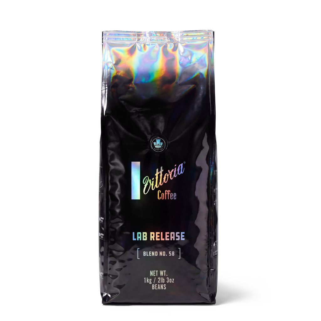 Front view of a 1 kg Lab Release Blend No. 58 specialty coffee bean bag