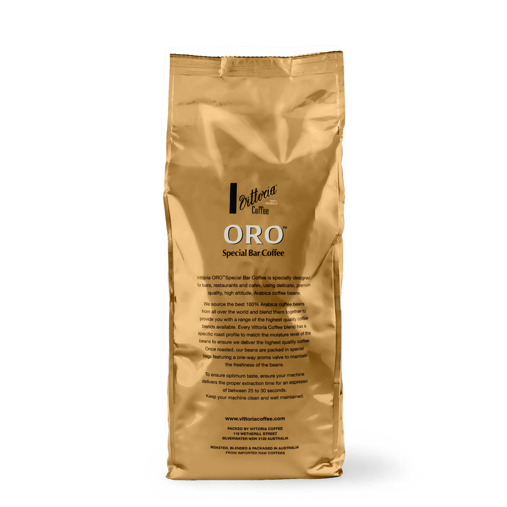 Oro™ Special Bar coffee beans in a sleek 1 kg bag, rear shot with roast description